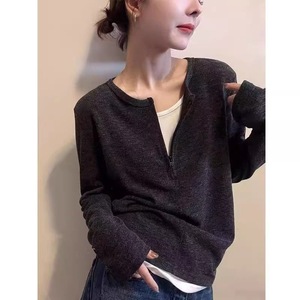 Women's Dark Gray Long Sleeve Half Zip Knitted Sweatshirt With Faux Two Piece <b>Patchwork</b> Casual <b>Top</b> For Autumn - Product Image 2