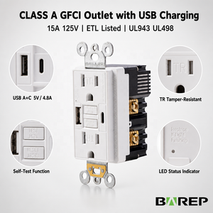 Prise GFCI auto-testante BAREP 15A 125V homologuée ETL <span class=keywords><strong>avec</strong></span> ports USB-A et C 4.8A, résistante aux manipulations et <span class=keywords><strong>avec</strong></span> indicateur LED - Product Image 4
