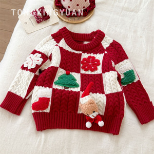 Girls Christmas Sweater Red White Checkered Thickened Cotton Round Neck Holiday Top - Product Image 5