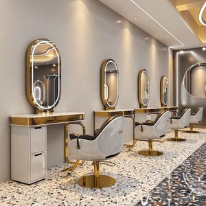 Espejo de Estilismo Dorado para Salón de Belleza, con Almacenamiento, Muebles para Salón de Peluquería, Espejo con Luz para Estación de Barbería - Product Image 1
