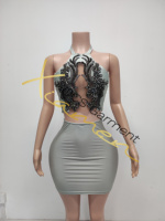 Ocstrade Prêt à expédier - Contactez-nous avant la commande - Ensemble haut à strass et mini-jupe, haut sans manches à col halter, ensemble deux pièces, robe de soirée