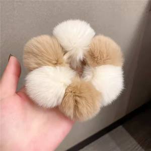 Mignon <span class=keywords><strong>vrai</strong></span> lapin en peluche boule cheveux chouchous couleur mélangée élastique élastique bandeaux pour les filles - Product Image 6