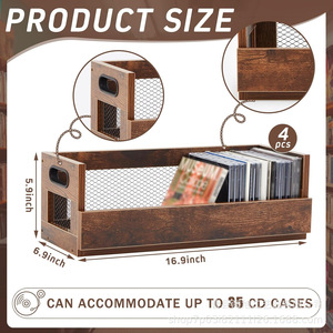Wooden Record Storage Basket With Handle Rectangle <b>Shelf</b> For Vinyl Cd Dvd <b>Desktop</b> Organization - Product Image 3
