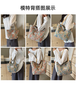 Floral <b>Canvas</b> Tote <b>Bag</b> <b>Large</b> Capacity Shoulder Shopper Handbag Cotton Shopping <b>Bag</b> for Daily Travel - Product Image 2