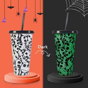 Vaso de plástico luminoso de una sola capa con diseño de calavera fantasma que cambia de color, personalizado de fábrica para Halloween 2024. - Product Image 4