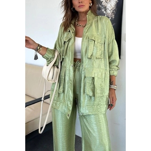 Ensemble 2 pièces décontracté pour femmes, pantalon ample à manches longues avec poche 3D, couleur unie, tendance - Product Image 5