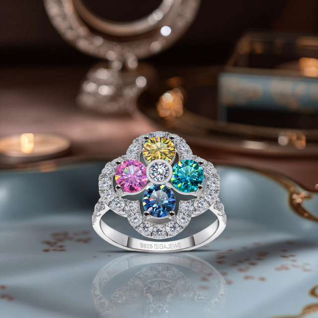 Four-leaf-clover Shape Cyan Yellow Blue Pink Color Moissanite Silver 925 Plated 18k Gold Prong Setting Ring
