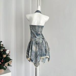 Vintage en détresse Denim licou robe femmes taille-cintrage courte robe d'été rétro bleu Jean Mini jupe <span class=keywords><strong>Grunge</strong></span> Style - Product Image 2