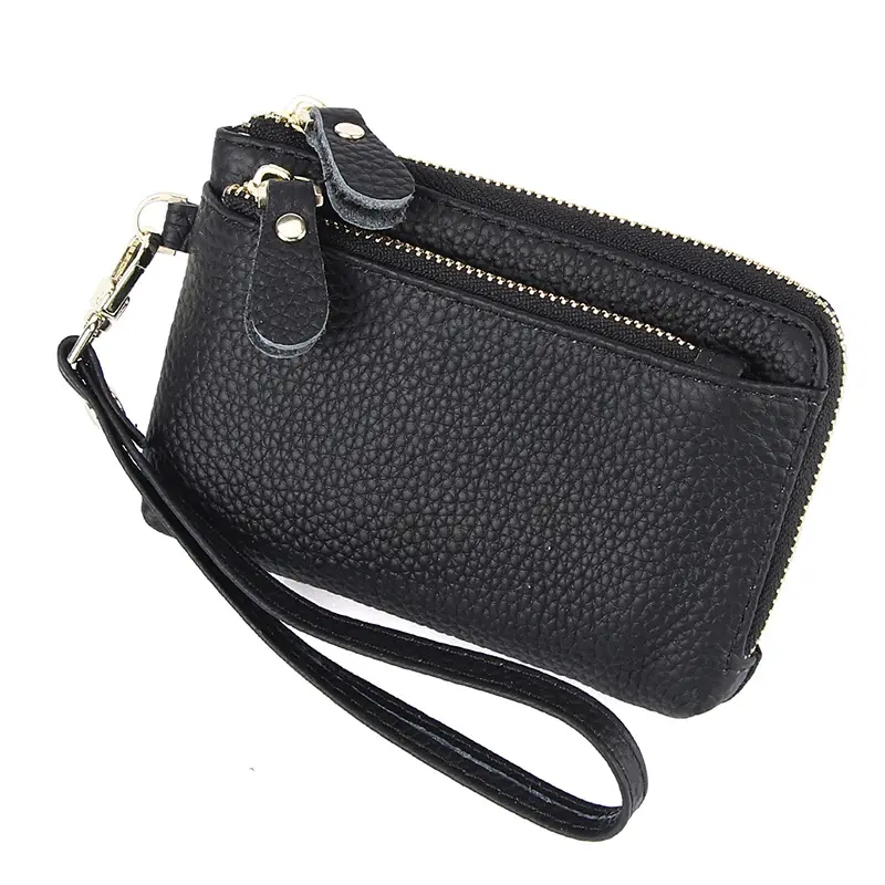 Mini küçük sikke çanta kafa katman dana cüzdan üç fermuar çok fonksiyonlu anahtar çantası küçük ve kısa hakiki deri çanta cüzdan