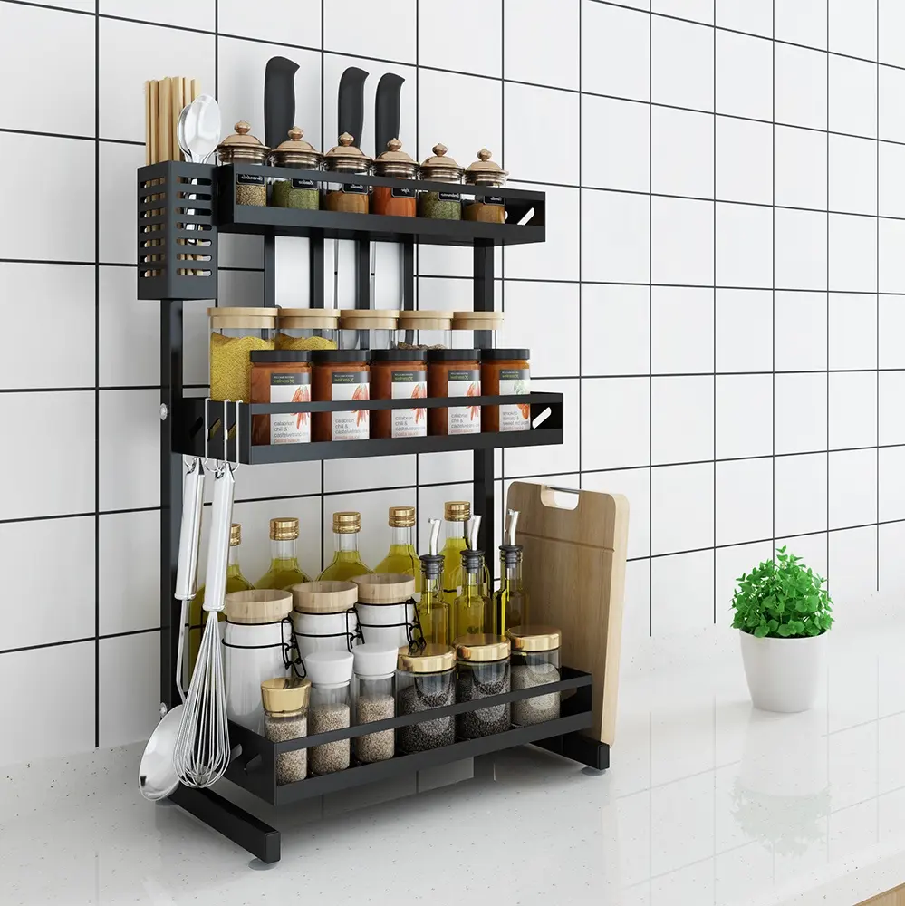 Estante de almacenamiento de tres capas para cocina, estante de pared multifunción de acero inoxidable para condimentos, color negro