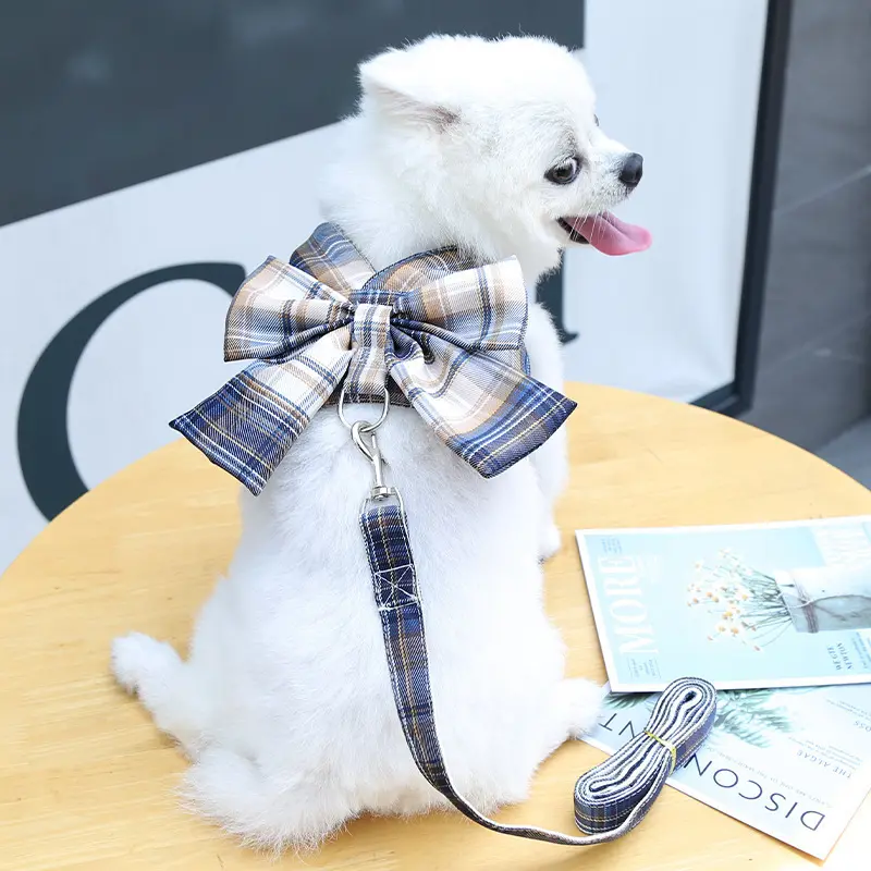 Conjunto de arnês para cachorro, vestido xadrez com laço, roupas para cachorro pequeno e menina, 2024, com laço, laço e laço, ideal para cachorros pequenos
