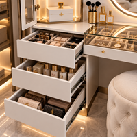 Coiffeuse moderne avec miroir LED, plateau en verre, tiroirs organisateurs de bijoux, table de maquillage de luxe pour chambre à coucher, mobilier sur mesure