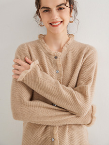 Cardigan <span class=keywords><strong>in</strong></span> Cashmere pettinato personalizzato da donna <span class=keywords><strong>con</strong></span> rifinitura <span class=keywords><strong>in</strong></span> <span class=keywords><strong>pizzo</strong></span> <span class=keywords><strong>maglia</strong></span> <span class=keywords><strong>in</strong></span> filato lucido maglione <span class=keywords><strong>in</strong></span> Cashmere aperto di colore solido - Product Image 4