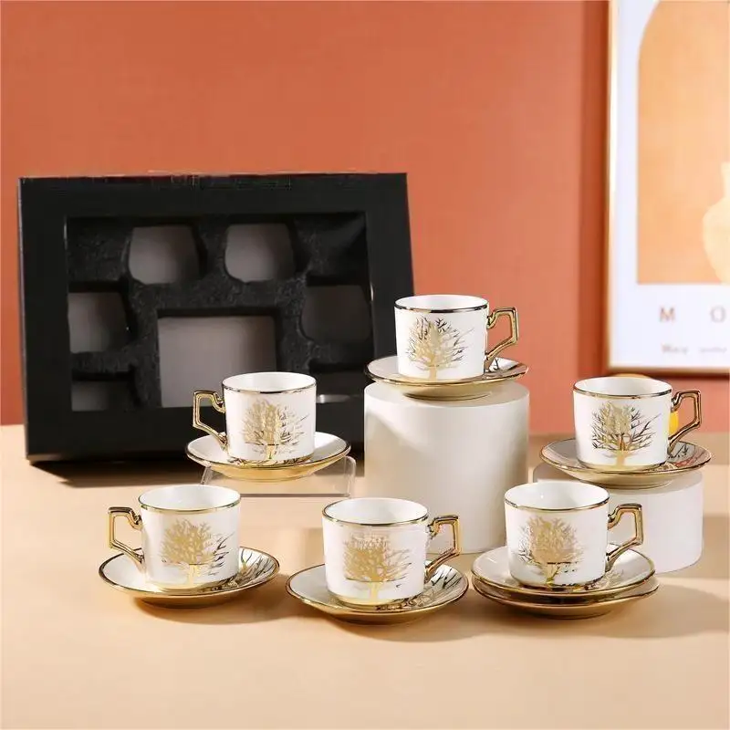Canecas de cerâmica árabe conjunto de mesa de café de luxo europeu conjunto moderno caixa de presente com 6 xícara de café conjunto de xícara de café e pires de cerâmica