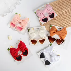 2Pcs/Card Retro Heart Shape Baby Sunglasses & Headbands Set Swiss Dots Nylon Hair Bands Kids Sun Glasses Knot Headband Kid