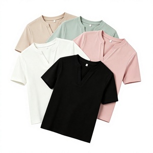 Camiseta de Poliéster con Cuello en V para Mujer, Manga Corta, Corte Ajustado, Tejido Informal para Verano - Product Image 3