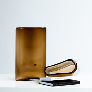 แจกันแก้วทรงถังแบนขนาดใหญ่ไม่เหมือนใครดีไซน์เรียบง่ายสไตล์นอร์ดิกสีน้ำตาลอ่อนสำหรับตกแต่งเดสก์ท็อปแจกันคริสตัล - Product Image 5