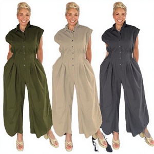 Women's Sleeveless High Waist Solid Color Oxford <b>Jumpsuit</b> Turn-down Collar Loose Fit Full Length Casual Spring Summer Wear - Product Image 2