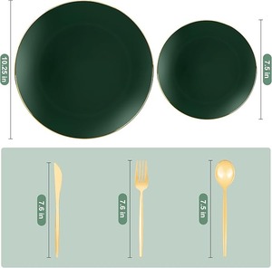 Services de vaisselle jetables en plastique <span class=keywords><strong>vert</strong></span> avec bord doré, assiettes peintes à la <span class=keywords><strong>main</strong></span> anti-fuite pour mariages et fêtes - Product Image 4