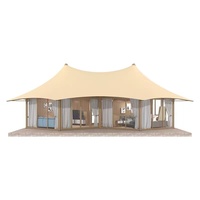 Tentes de luxe personnalisées pour hôtels de villégiature, imperméables, ignifuges, quatre saisons, deux chambres, structure en acier, tissu enduit de PVDF, salles de bain