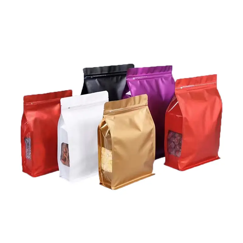 MOQ bajo, papel de aluminio personalizado, bolsa de pie, fondo plano, paquete de nueces de café, cierre de cremallera superior con ventana lateral