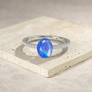 Blue Fire Opal <b>Ring</b> 925 Sterling <b>Silver</b>, Natural Opal Engagement <b>Ring</b>, Dainty Diamond <b>Band</b>, October Birthstone Gift for Her - Product Image 1
