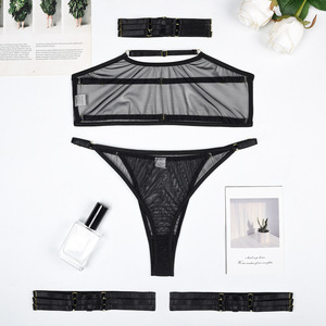 FF2316 femmes voir à travers Lingerie Sexy Bikini <span class=keywords><strong>tour</strong></span> <span class=keywords><strong>de</strong></span> <span class=keywords><strong>cou</strong></span> jarretière <span class=keywords><strong>soutien</strong></span>-<span class=keywords><strong>gorge</strong></span> et culotte ensemble 4 pièces maille Sexy ensemble <span class=keywords><strong>de</strong></span> Lingerie - Product Image 5