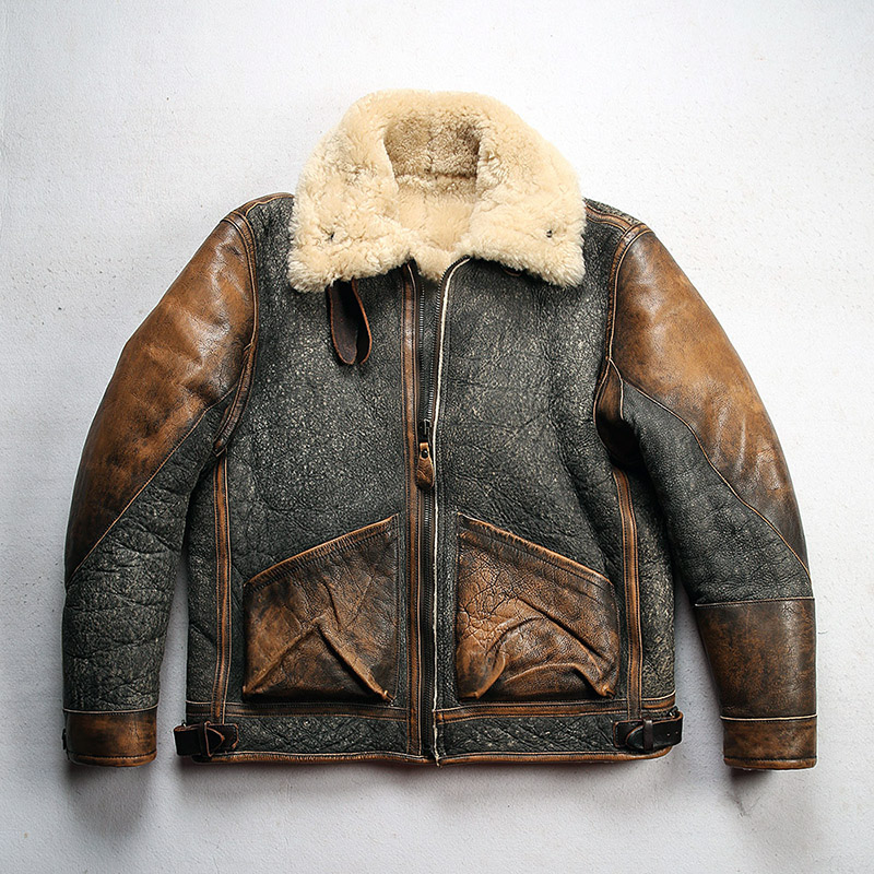 Vintage Men's Sheepskin Leather Jacket - Waterproof Wool Coat for