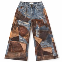 Jean baggy personnalisé pour homme, 14 oz, denim épais imprimé patchwork, style punk, déchiré, avec franges, coupe large, OEM