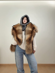 Gilet in Vera Pelliccia <span class=keywords><strong>di</strong></span> Procione per Donna, Collo Grande, Invernale, Spesso e Caldo, Senza Maniche, Giacca Corta - Product Image 4