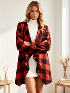 Cárdigan de Moda Otoño-Invierno a Cuadros Rojos y Negros con Frente Abierto, Solapa Holgada, Ropa Exterior para Mujer, Uso Diario, Casual, Personalizable - Product Image 2