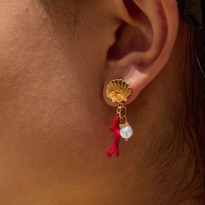 Stainless Steel <b>Drop</b> <b>Earrings</b> <b>Red</b> Coral Pearl Stud Vacation Style Jewelry - Product Image 4