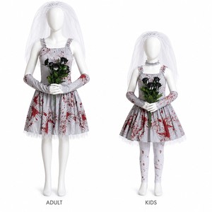 Set Costume da Sposa Zombie, Abito Grigio <span class=keywords><strong>con</strong></span> Stampa Sangue, Velo in Tulle, Scaldabraccia, Rose Nere, per Adulti e Bambini, Halloween - Product Image 4