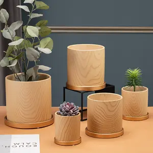 Custom Gardening Ornaments Ceramic Planter Plant Flower Succulent Cactus Cylinder Pots with Gold Plated Tray