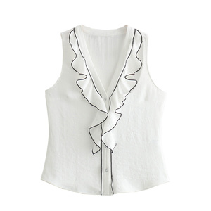 QSY 2025 V Neck B Ttons P Color blanco Front R Ffle Venta caliente Cas Al Fashion Tank Top para mujer - Product Image 1