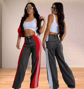 Nuova moda da donna ampia con Splicing a <span class=keywords><strong>tre</strong></span> strisce a gamba larga Casual pantaloni in Denim a gamba dritta Casual <span class=keywords><strong>tutto</strong></span> - Product Image 1