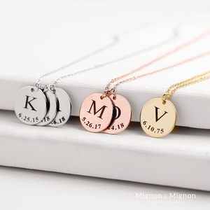 Mignon & Mignon Personalized <b>Initial</b> <b>Necklace</b> Stainless Steel Round Pendant With Date Engraving Gift For Her - Product Image 1