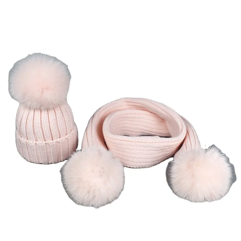 Child Knitted Wool Hood Thick Woolen Pom Pom Hats Scarf 2 Piece Set Girls boys gift Winter Warm Hat kids outdoor Beanie Scarves