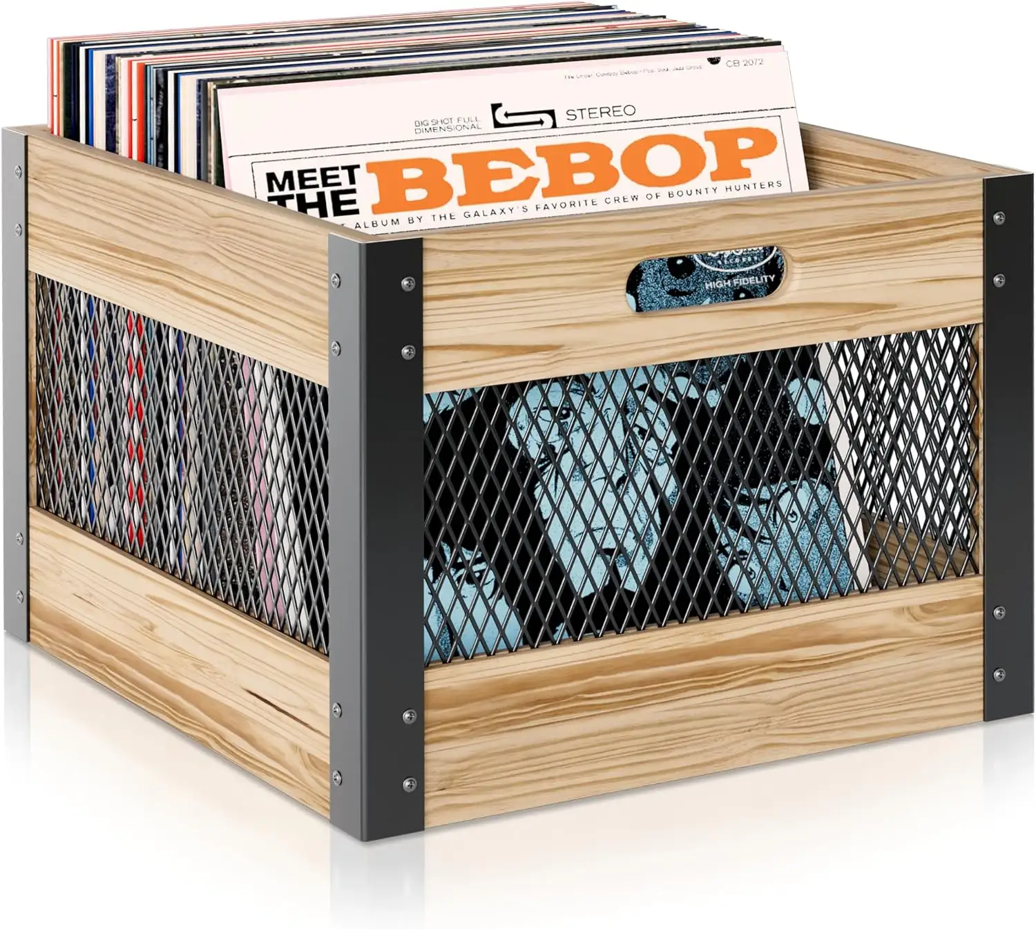 Vinyl Record Storage Crate with Heavy Duty Metal Edge Support Bracket,Wooden Record Album Storage Holder