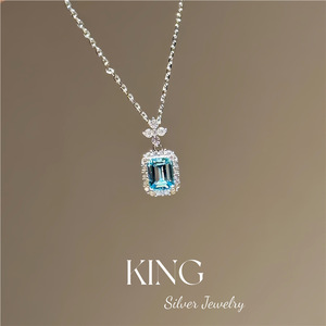 King Silver Jewelry Aquamarine <b>Pendant</b> Necklace S925 Sterling Silver <b>Emerald</b> Cut Pave Setting Fashion Gift Jewelry - Product Image 2
