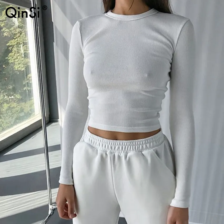 Bclout/QINSI 2023 Spring Black Casual Skinny Knitted Woman T Shirt White Women Ribbed Sexy Cropped Top O Neck Long Sleeve Shirt