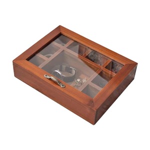Solid Wood Jewelry <b>Box</b> Grid Storage Desktop Organizer With Glass Lid For <b>Earrings</b> Bracelets Watches Dark Brown Rectangle - Product Image 5