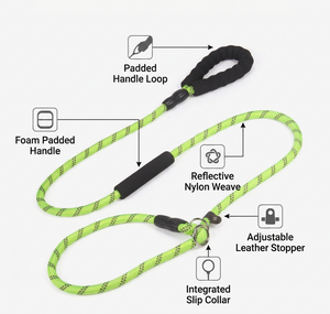 Heavy Duty Reflective Nylon Slip Lead <b>Dog</b> <b>Leash</b> Integrated P-Chain Training with Reflective Thread 1.5M/2.6M Extended - Product Image 1