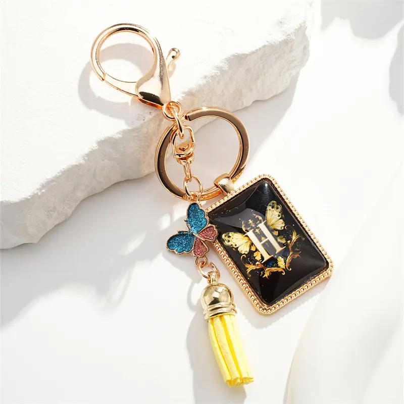 מחזיק מפתחות ראשוני אופנה עבור A-Z אלפבית ארנק תרמיל מכונית טבעת מפתח פרפר צבעוני תליון זהב ציצית מחזיק מפתחות