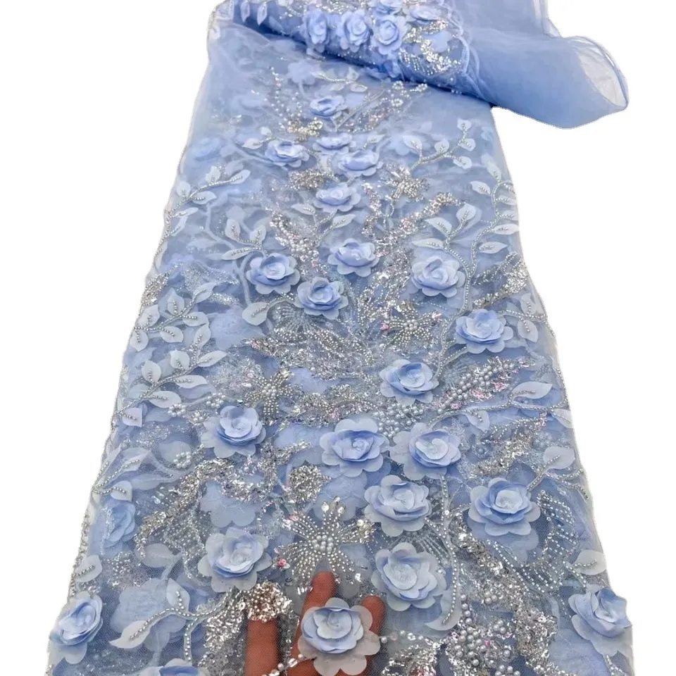 Vestido de verano con estampado láser 3d, tela de encaje con cuentas, bordado floral, lentejuelas, perlas
