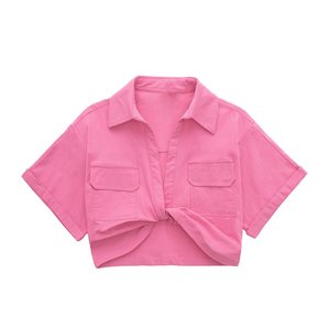 T-Shirt a maniche corte in cotone pieghettato comoda all'ingrosso 9779 tinta unita con spalline sottili da <span class=keywords><strong>donna</strong></span> <span class=keywords><strong>camicia</strong></span> a maniche corte con tasche - Product Image 2