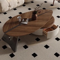 Nouvelle table basse moderne pour salon, en forme de feuille, couleur noyer, avec rangement, design en panneaux de bois