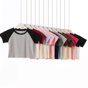 Femme Raglan Sleeve Two Colors t Shirts Cotton Spandex 230gsm Summer Solid Color Crop Top t Shirts - Product Image 1
