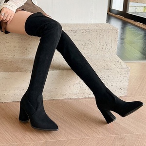 Red Over-The-Knee Boots Suede Pointed Toe <b>Block</b> Heel Zip Closure Thigh High Fashion Winter Style - Product Image 6
