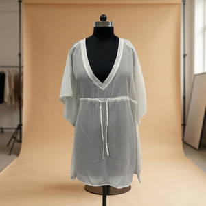 <b>White</b> <b>Chiffon</b> Deep V Neck Loose Batwing Sleeve Mini Dress With Drawstring Waist Casual Summer Style - Product Image 4